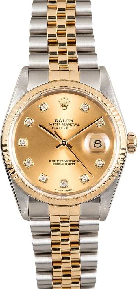 rolex datejust 16233 stainless steel champagne dial 36mm automatic watch|rolex 16233 diamond bezel.